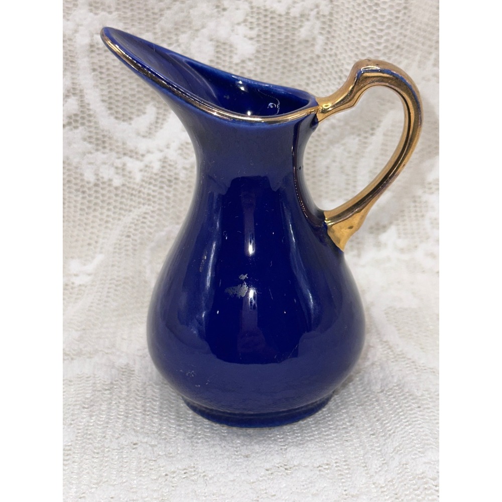 Vintage Cobalt Blue Miniature Pitcher 22K Gold Trim USA Pottery Mid Century